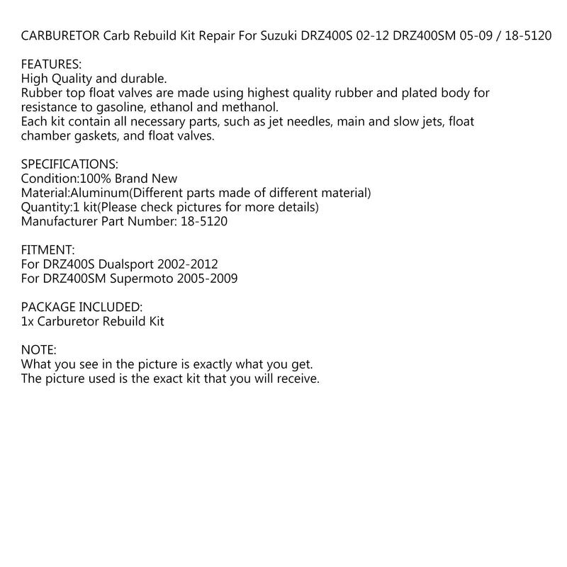 Kit de reconstrução de reparo de carburador para Suzuki DRZ400S 02-12 DRZ400SM 05-09 / 18-5120 Genérico