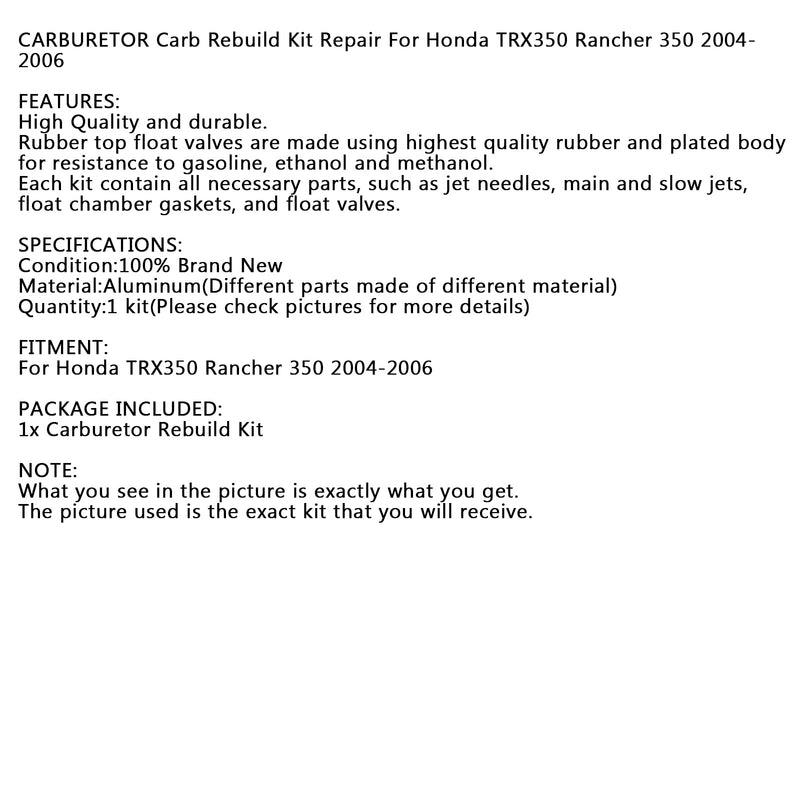 NEUER VERGASER Carb Rebuild Kit Reparatur für Honda TRX350 Rancher 350 2004–2006 Generic
