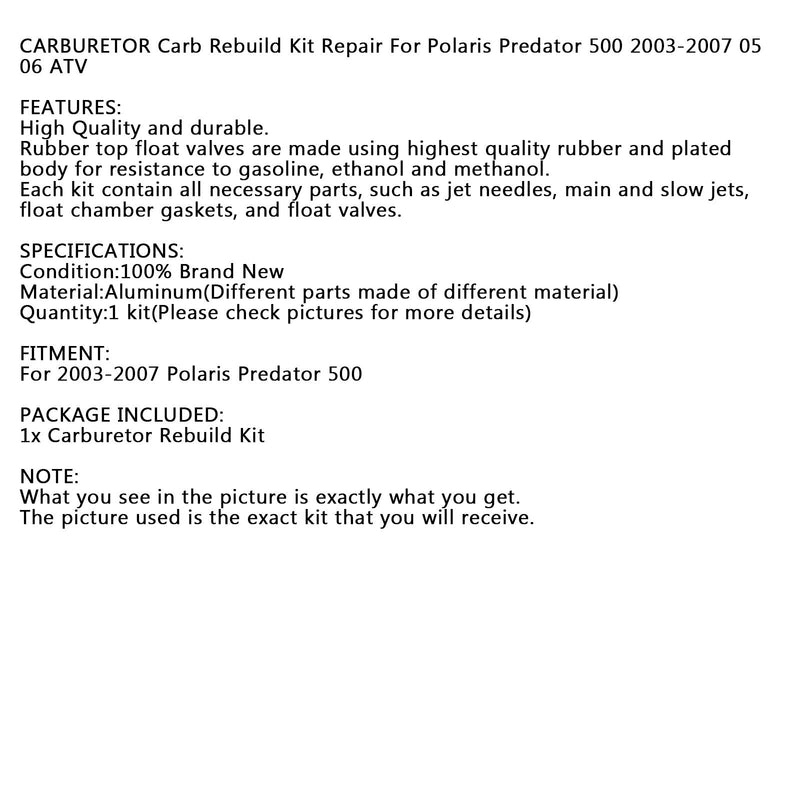 Kit de reparo de carburador para reparo de carburador Polaris Predator 500 2003-2007 05 06 ATV genérico