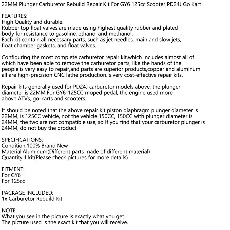 Kit de reconstrucción de reparación Kolroburetor de 22 mm para scooter GY6 125 cc ATV Go Kart