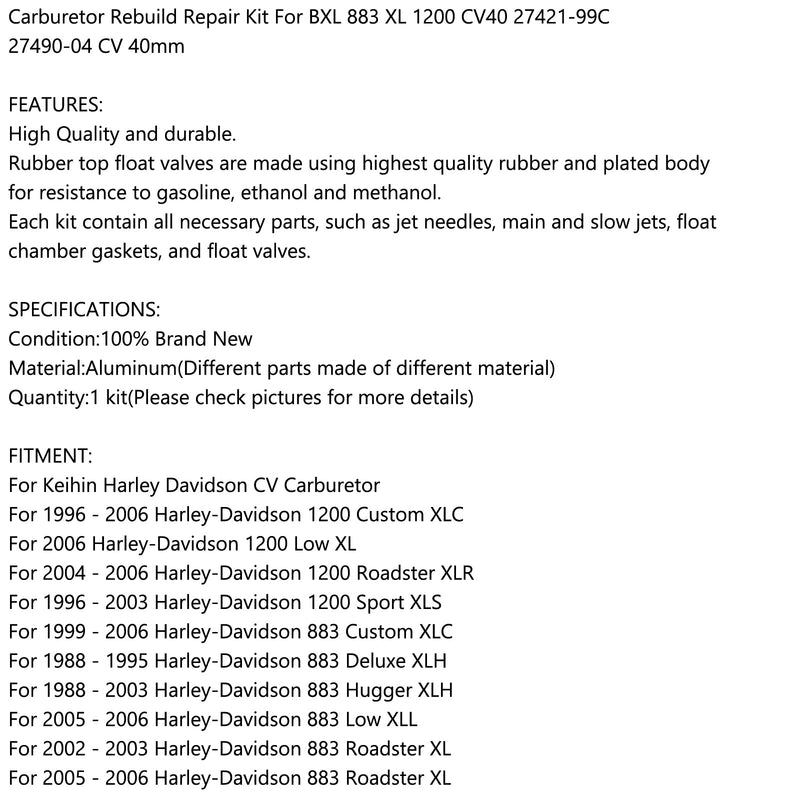 Carburetor Repair Rebuild Kit für XL 883 XL 1200 CV40 27421-99C 27490-04 CV 40 mm