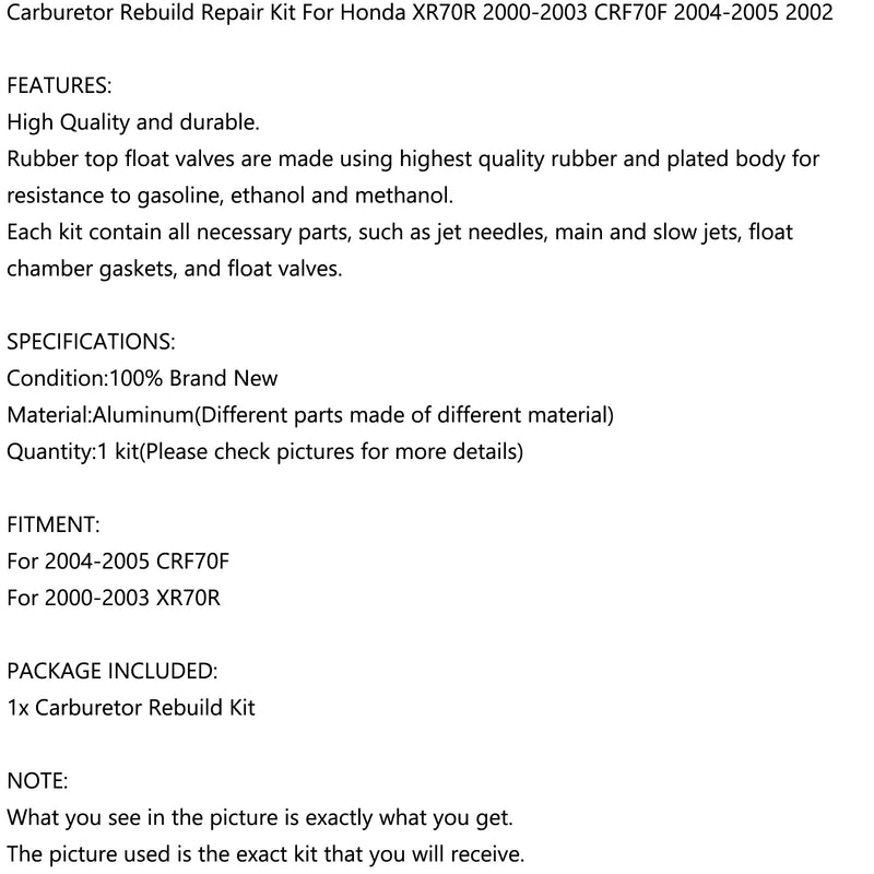 Kit de reparação de carburador para Honda XR70R 2000-2003 CRF70F 2004-2005 2002 Genérico