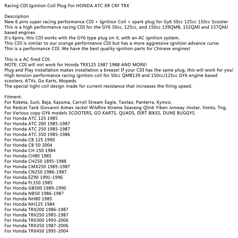 Enchufe de bobina de encendido CDI de carreras para HONDA ATC XR CRF TRX 300 50CC 125CC 150CC GY6 genérico