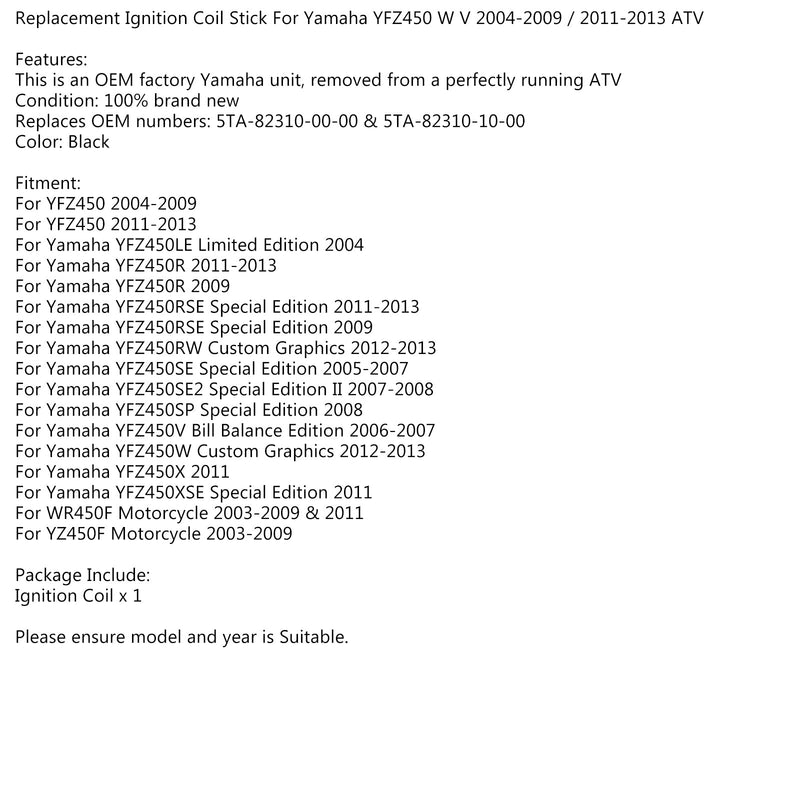 Ersatzzündungsstock für Yamaha YFZ450 W V 2004-2009 / 2011-2013 ATV