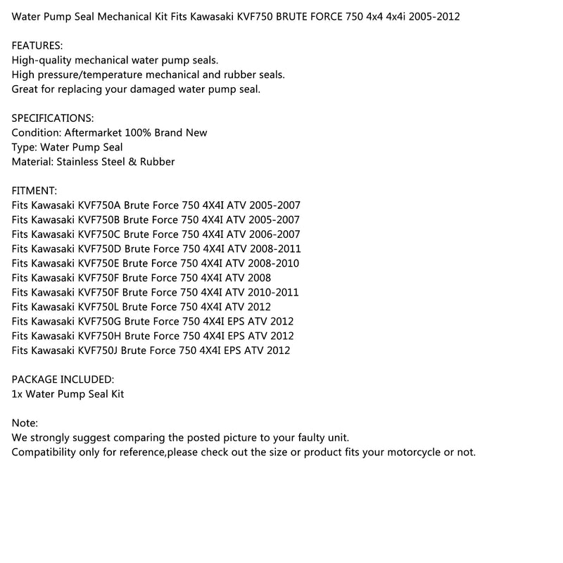 Vesipumpun mekaaninen tiiviste sopii Kawasaki KVF750 Brute Force 750 4x4 4x4i 05-12 Generic