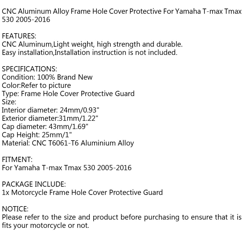 Protector de cubierta de orificio de marco de motocicleta CNC para Yamaha T-max Tmax 530 2005-2016 genérico