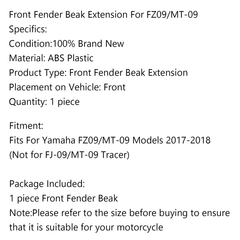 Extensión de pico de guardabarros de motocicleta para Yamaha FZ09/MT-09 modelos 2017-2018 Genérico