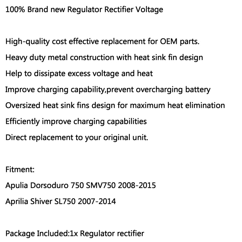 Regulador retificador para Aprilia Shiver SL750 GT 07-16 Dorsoduro 750 SMV750 08-16 Genérico