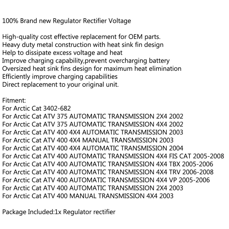 Regulador de Tensão Retificador 3402-682 para Arctic Cat ATV 375 400 4X4 AUTOMÁTICO Genérico