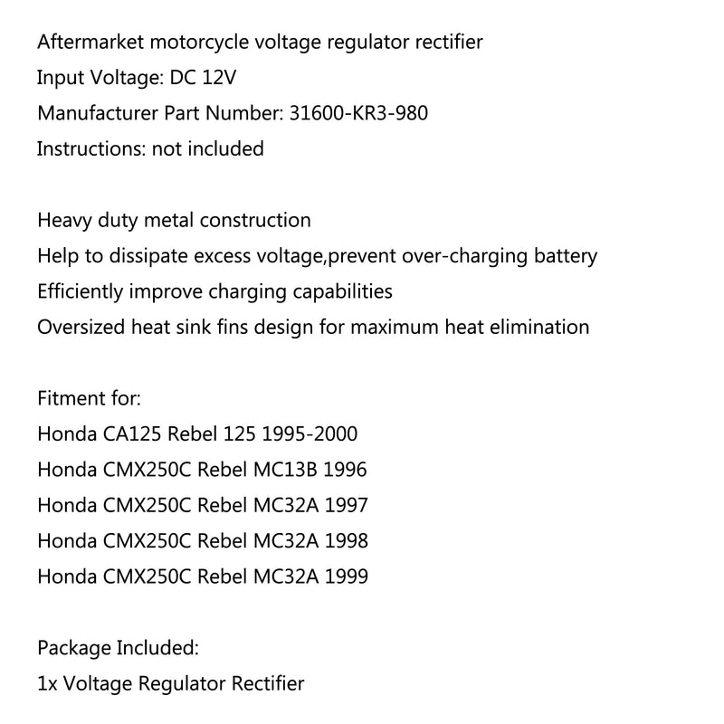 Regulador de tensão retificador para Honda CMX250C Rebel MC32A 1997-1999 MC13B 1996 Genérico