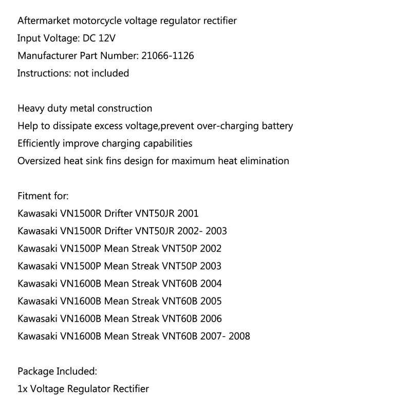 Rectificador regulador de voltaje para Kawasaki VN1600B Mean Streak VNT60B 2004-2008 Genérico