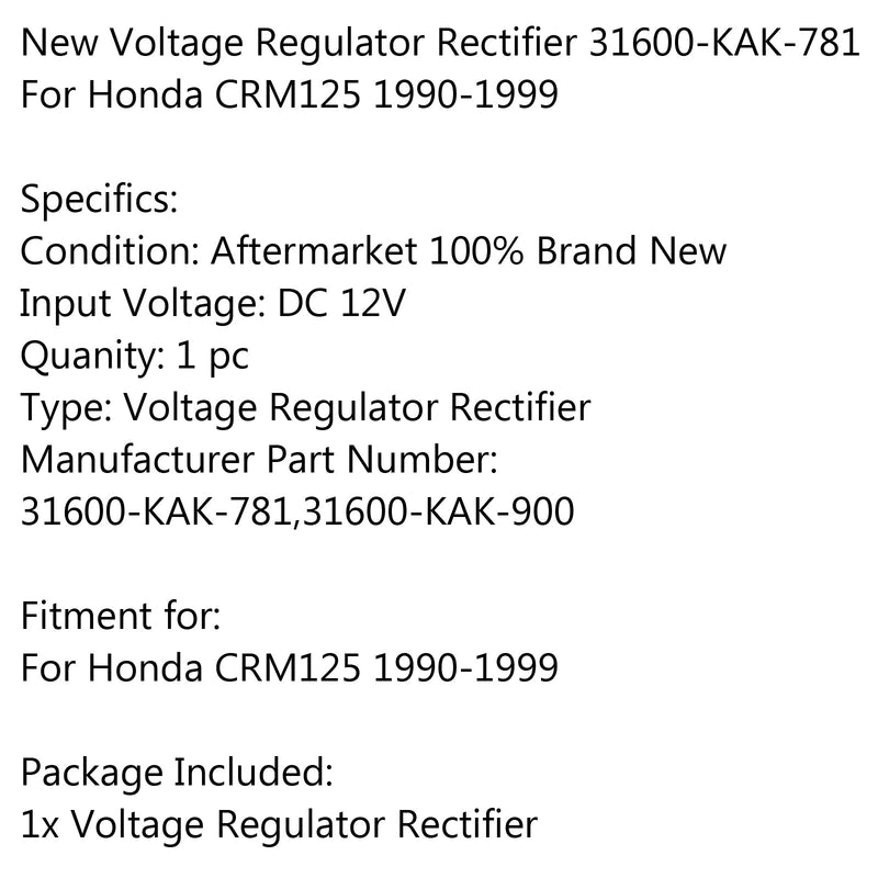 Novo regulador de tensão retificador 31600-KAK-781 para Honda CRM125 1990-1999 genérico