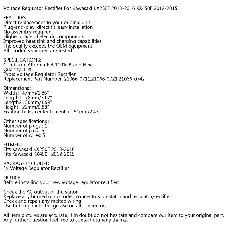 Retificador regulador de tensão adequado para Kawasaki KX250F 2013-2016 KX450F 2012-2015 Genérico