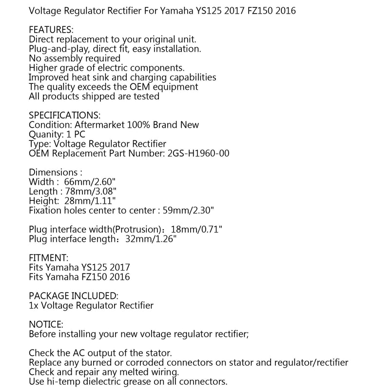 Novo retificador regulador de tensão para Yamaha YS125 2017 FZ150 2016 2GS-H1960-00