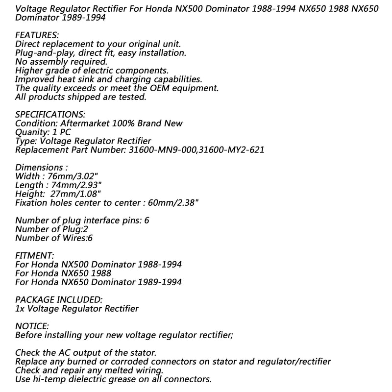 Regulador de Tensão Para Honda NX500 NX650 1988-1994 31600-MY2-621 31600-MN9-000 Genérico