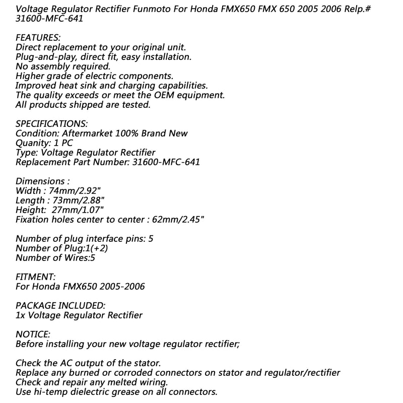Regulador conversor de tensão para Honda FMX650 2005-2006 Repl.