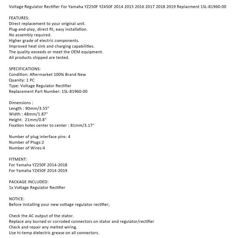 Spannungsgleichrichterregler für Yamaha YZ250F YZ450F 2014-2019 1SL-81960-00-00 Generic
