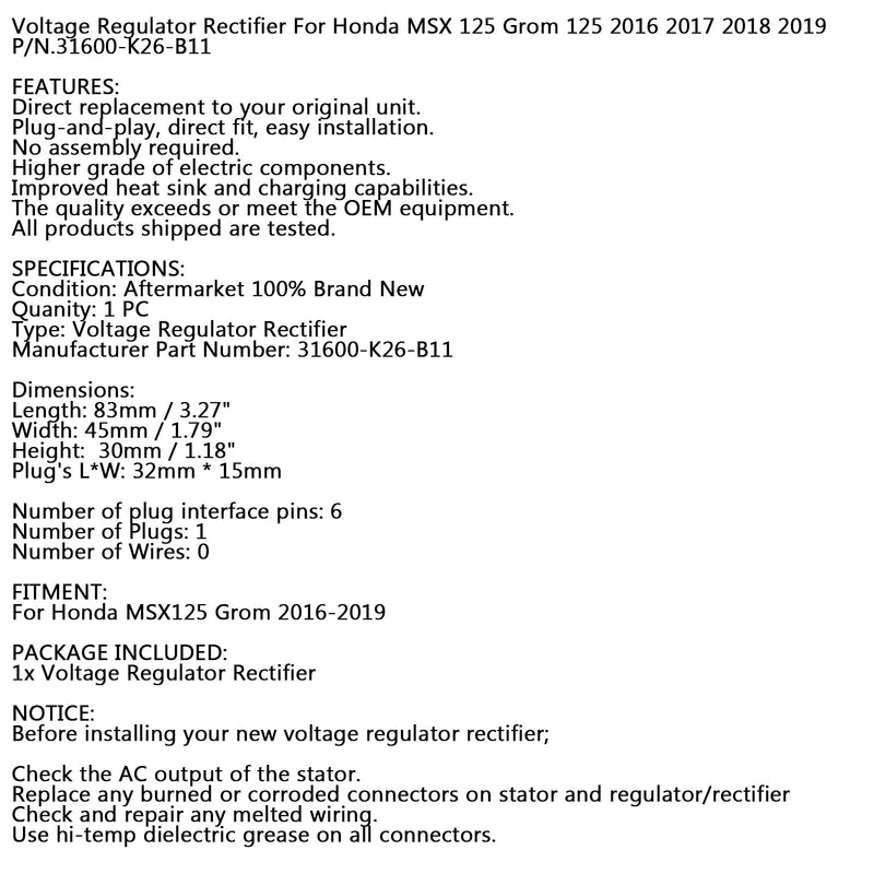 Spannungsgleichrichterregler für Honda MSX125 Grom 125 2016-2019 31600-K26-B11 Generic
