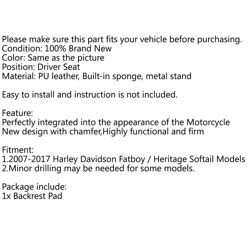 Justerbar rytterryggstøtte for 07-17 Harley Fatboy Heritage Softail Generisk