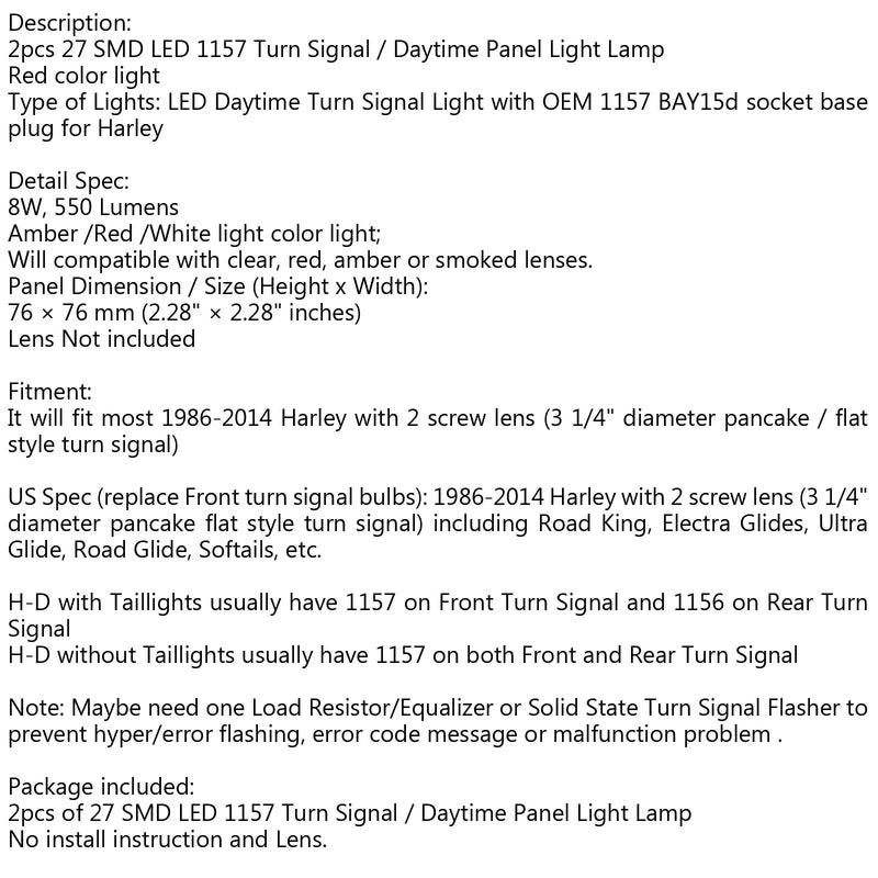 2x Harley Touring 1157 LED kjørelys blinklys DRL BAY15d generisk pære