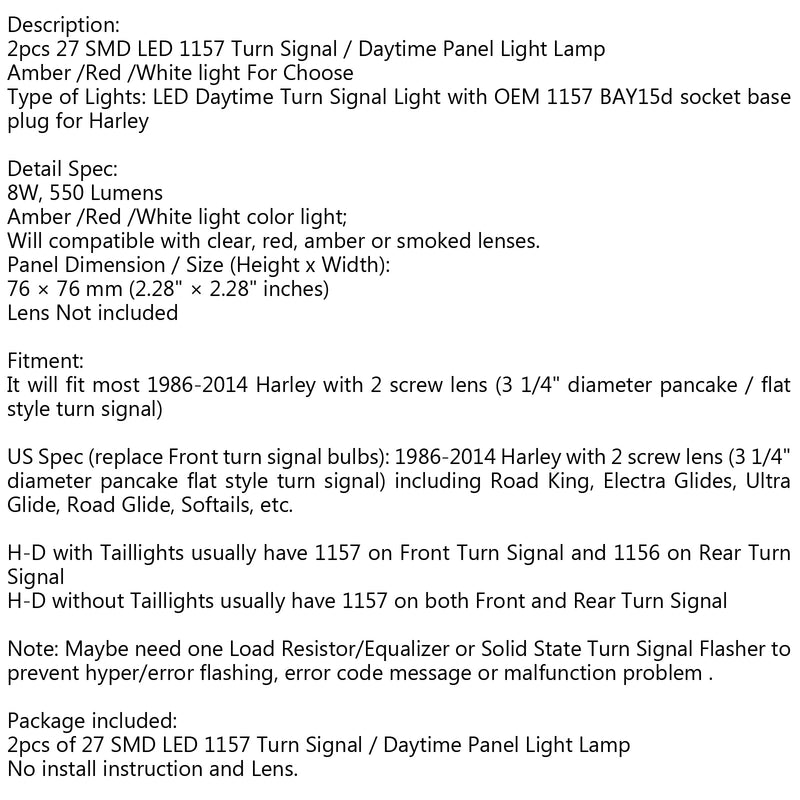 2x Harley Touring 1157 LED päiväajovalo suuntavilkku DRL BAY15d yleinen polttimo