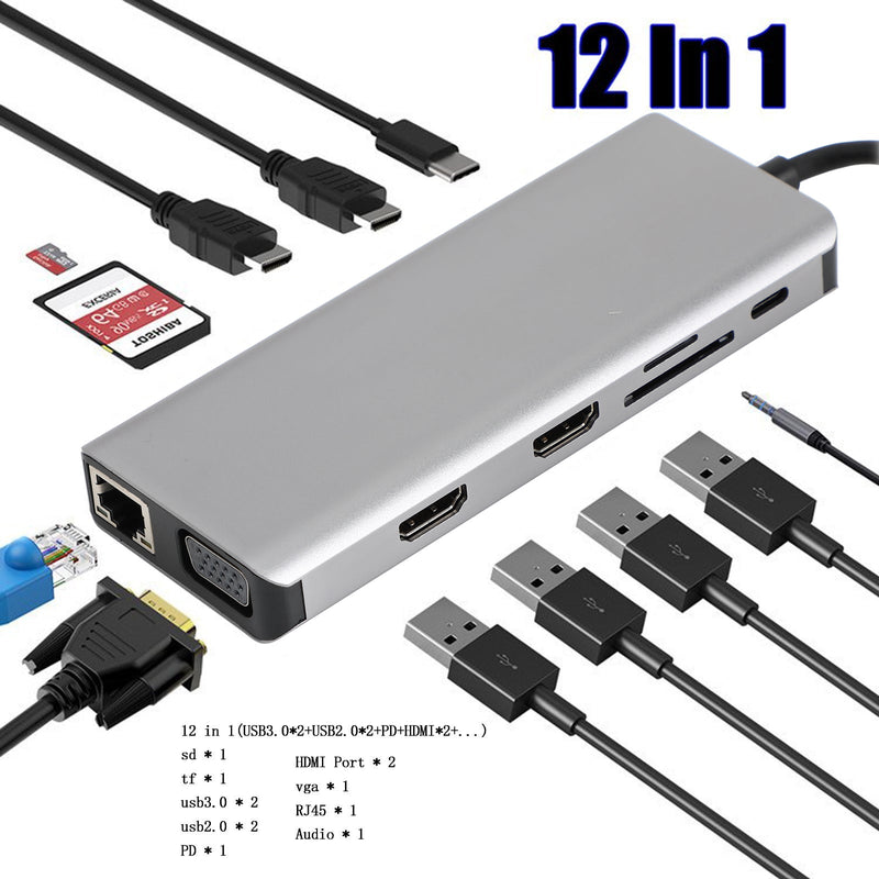 12in 1 Typ-C-Hub zu USB-C USB3.0 HD TF TF 3,5 mm PD-Konverter-Docking-Adapter