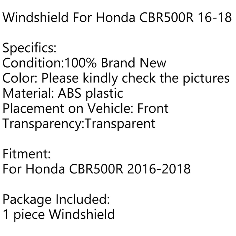 Parabrisas ABS para motocicleta de 1 pieza para Honda CBR500R 2016-2018 genérico