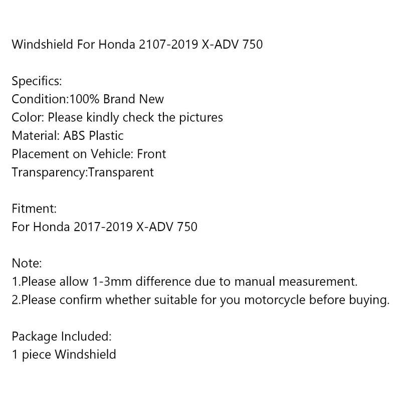 1x ABS plast motorcykel vindruta vindruta för Honda 2107-2019 X-ADV 750 Generic