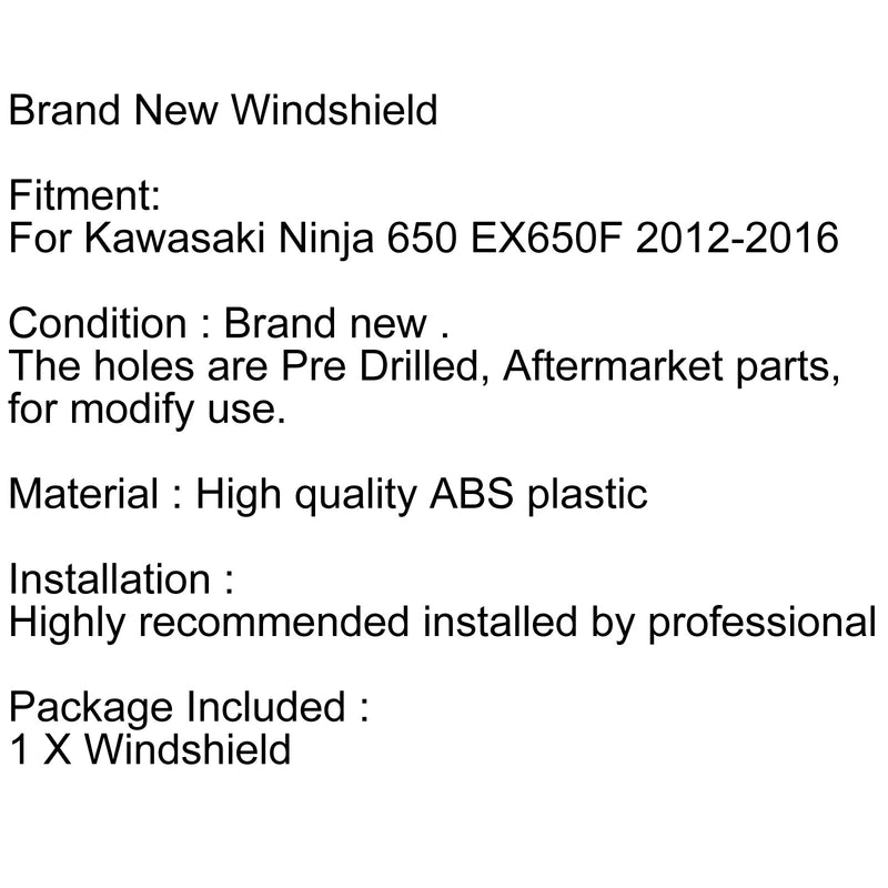 Vindruta Vindruta Double Bubble för Kawasaki Ninja 650 EX650F (12-16) 7 färger generisk