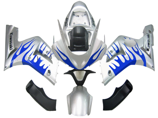 Carenados 2003-2004 Kawasaki ZX6R 636 Plata y Llama Azul Ninja Racing Genérico