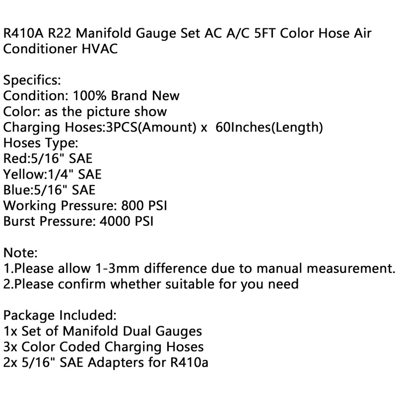 R410A R22 manifoldmålersett AC A/C Fargeslange Aircondition HVAC 66"