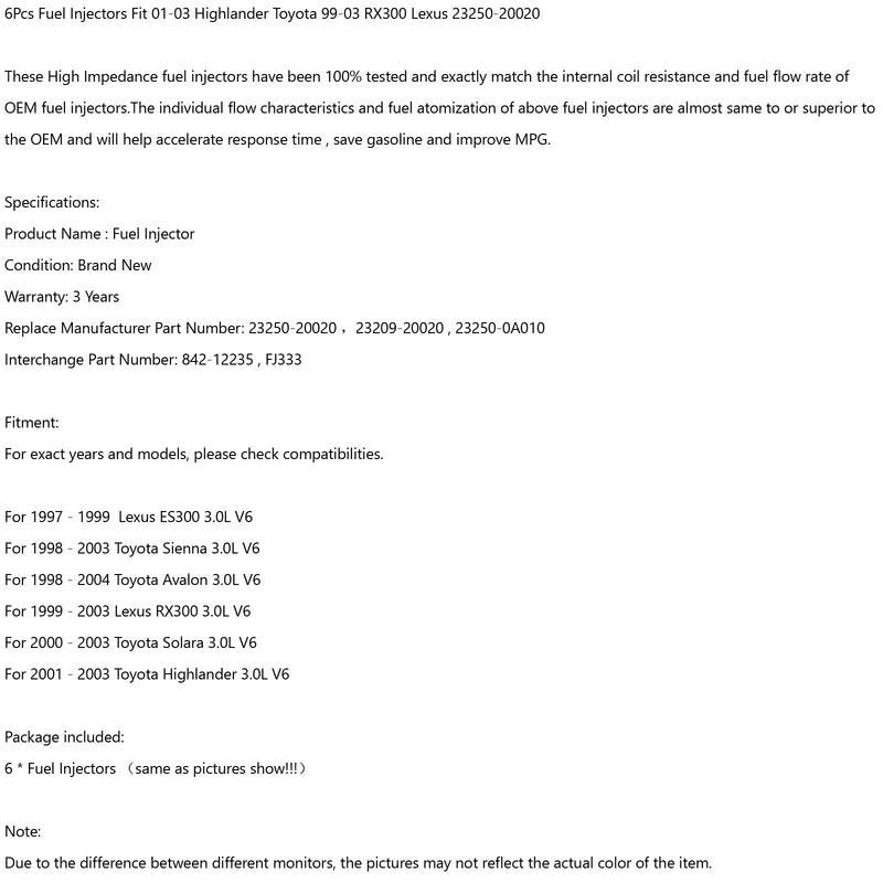 Injetores de combustível de 6 peças Fit 01-03 Highlander Toyota 99-03 RX300 Lexus 23250-20020 Genérico