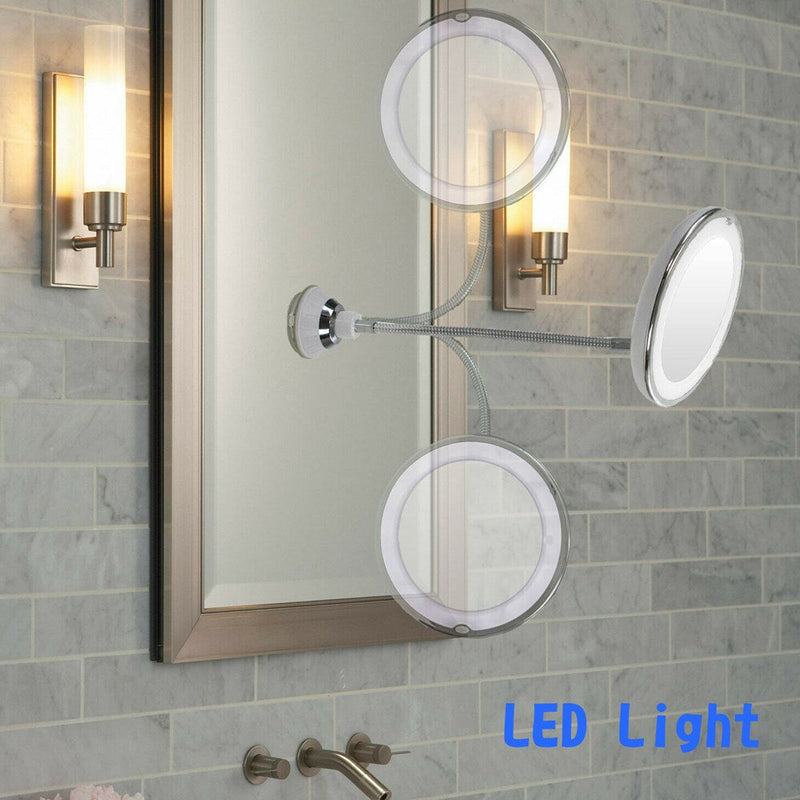 10x Espejo de maquillaje de cuello de cisne flexible con soportes de luz LED Succión de baño 7"