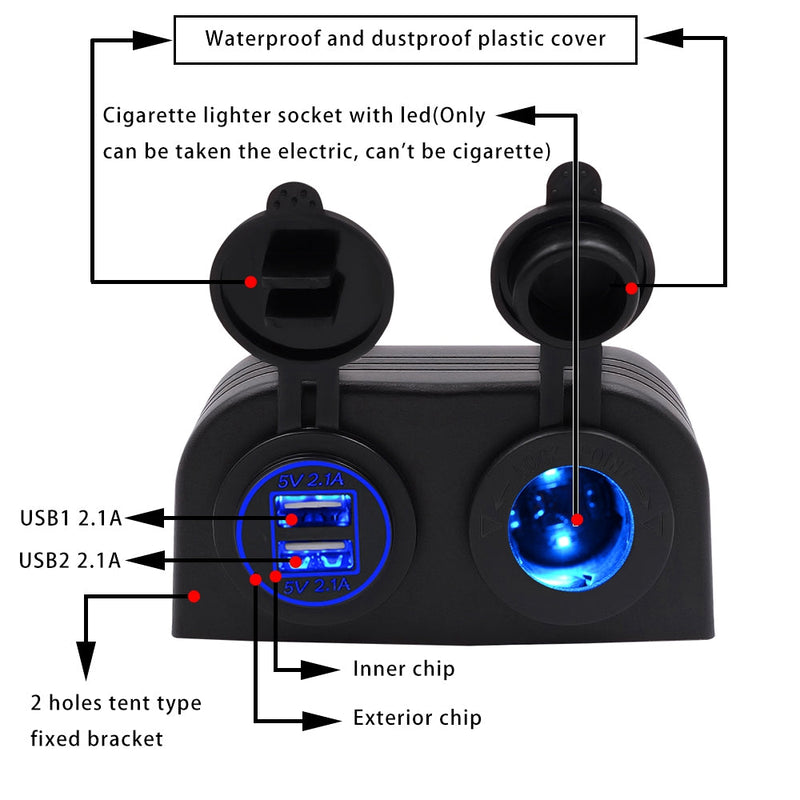 2-in-1-Ladegerät + 12 V/24 V Zigarettenanzünder 2-Loch-Panel passend für Bootsauto