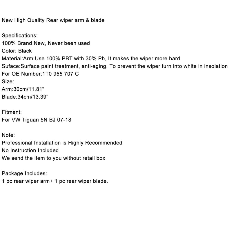 Bakruta torkararmsblad set för VW Tiguan 5N BJ 2007-2018 Svart Generic