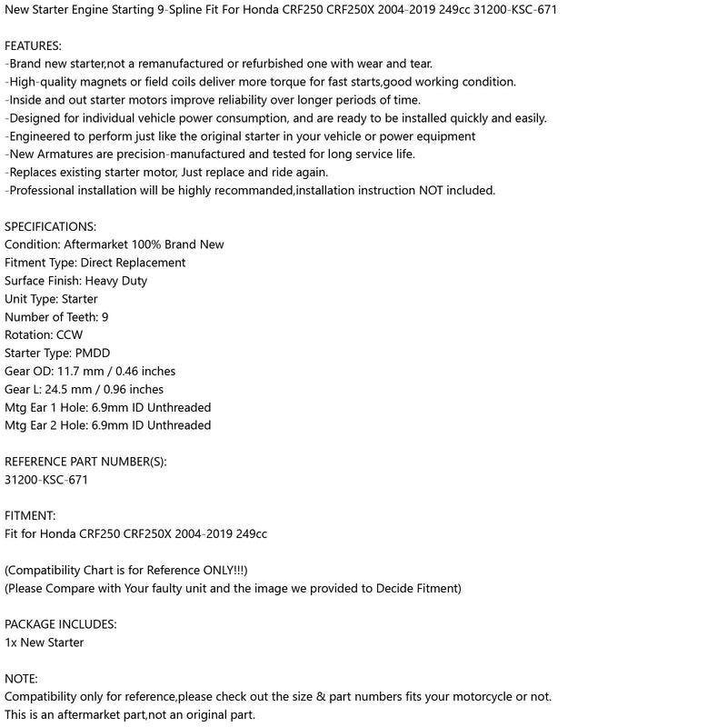 Nuevo arrancador CCW 9-SPLINE para Honda CRF250 CRF250X 2004-2019 31200-KSC-671 genérico