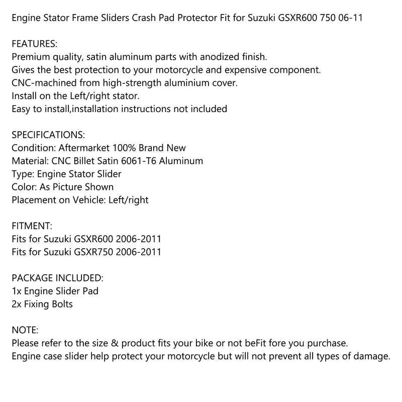 Motor Stator Slider Crash Pad Schutzfolie für Suzuki Gsxr600 750 06-11