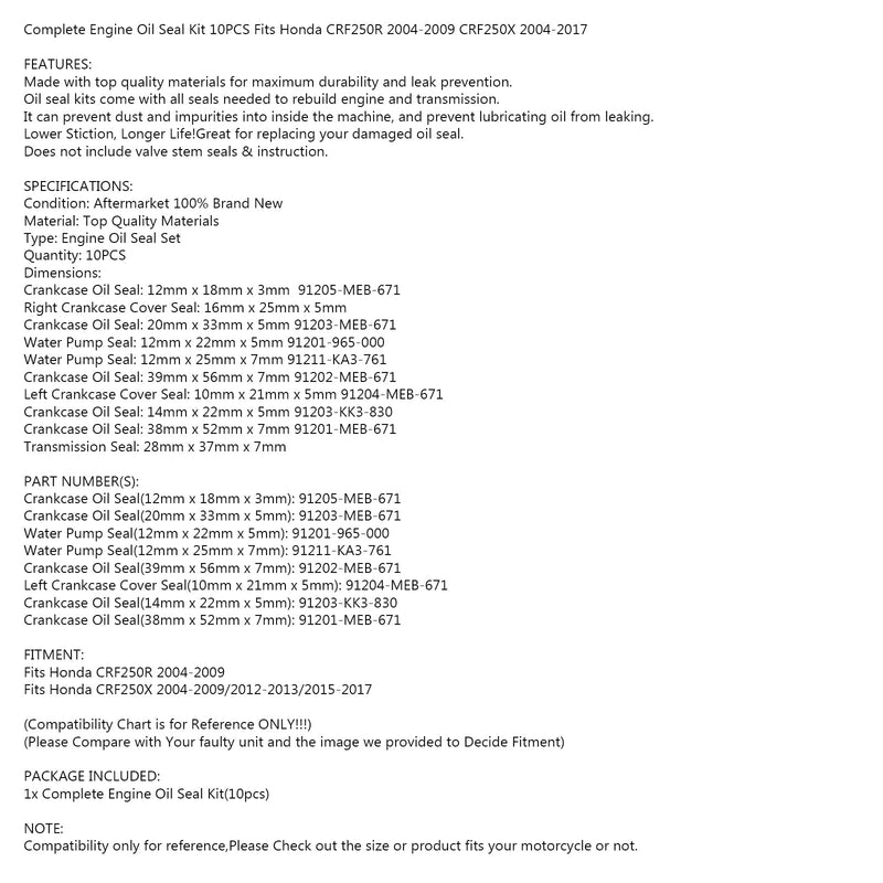 10 kpl moottoriöljytiivistesarja Honda CRF250R 2004-2009 CRF250X 2004-2017 Generic