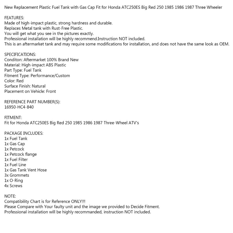 NUEVO tanque de gasolina con tapa de grifo de combustible adecuado para Honda ATC250ES Big Red 250 1985-1987 86