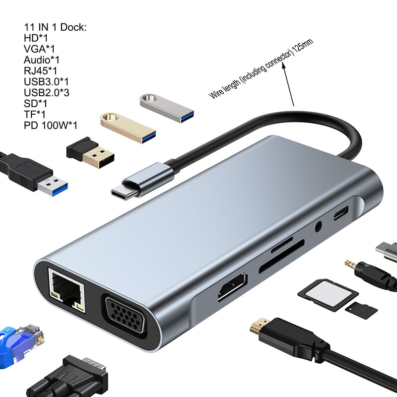 11 i 1 USB-C Type C HD-utgang 4K USB 3.0 HD Adapter HUB Multifunksjonsdokking