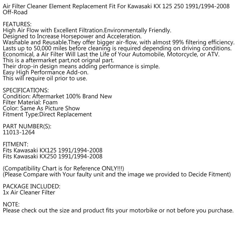 Schaumstoff-Luftfilter-Ersatz für Kawasaki KX125 KX250 1991/1994-2008
