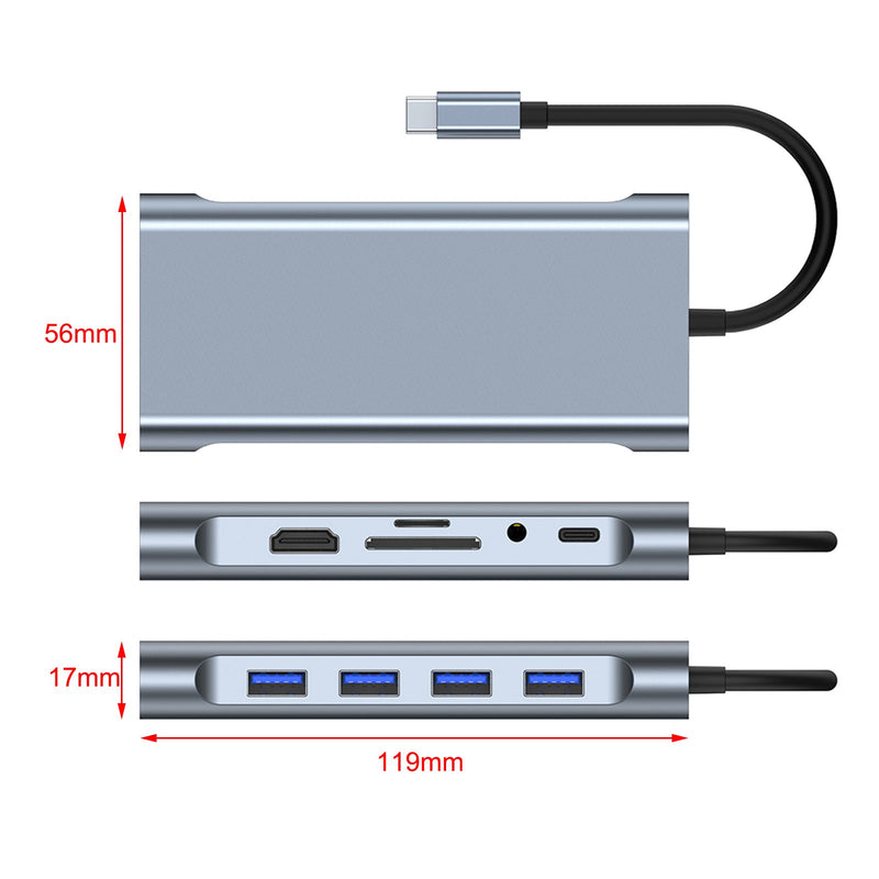 11 in 1 USB-C Type C HD -lähtö 4K USB 3.0 HD Adapter HUB -monitoimitelakka