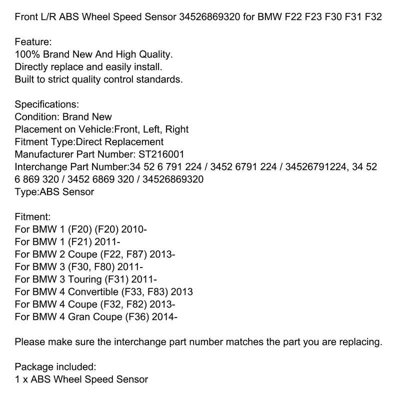 ABS-Raddrehzahlsensor vorne L/R 34526869320 für BMW F22 F23 F30 F31 F32