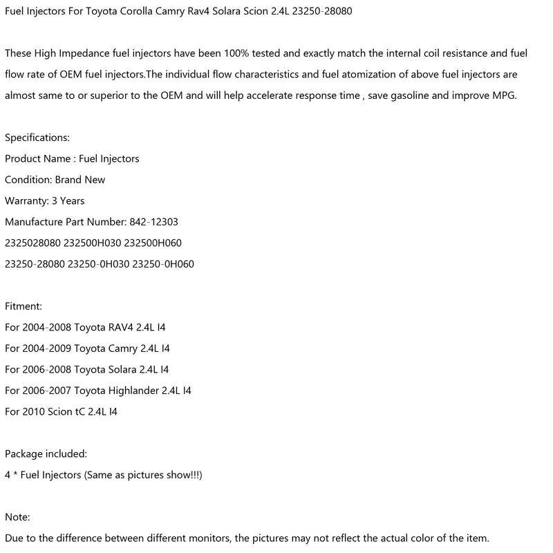 4 inyectores de combustible para Toyota Corolla Camry Rav4 Solara Scion 2.4L 23250-28080 genérico