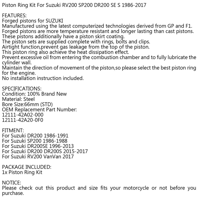 STD 66mm 12111-42A20-0F0 Zestaw tłoka Nadaje się do Suzuki DR200 SE RV200 SP200 86-91/17