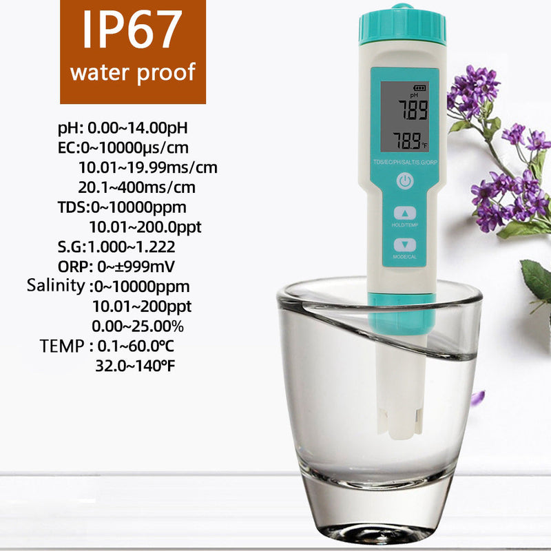 Medidor de calidad del agua del probador Digital de salinidad PH-TDS-TEMP-SG-EC-ORP 7 en 1