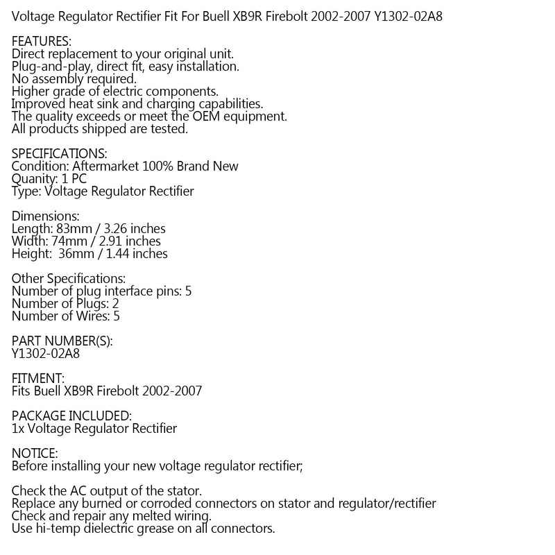 Rectificador regulador de voltaje para Buell XB9R Firebolt 2002-2007 P/N.Y1302-02A8