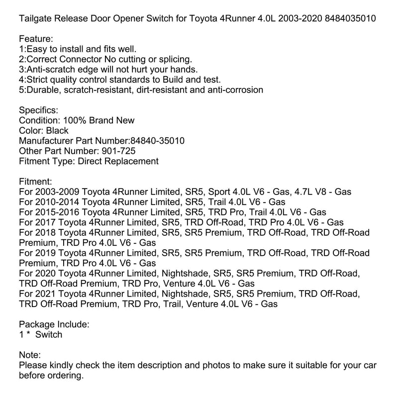 Heckklappenentriegelung Türöffnerschalter für Toyota 4Runner 4.0L 2003-2020 8484035010 Generic