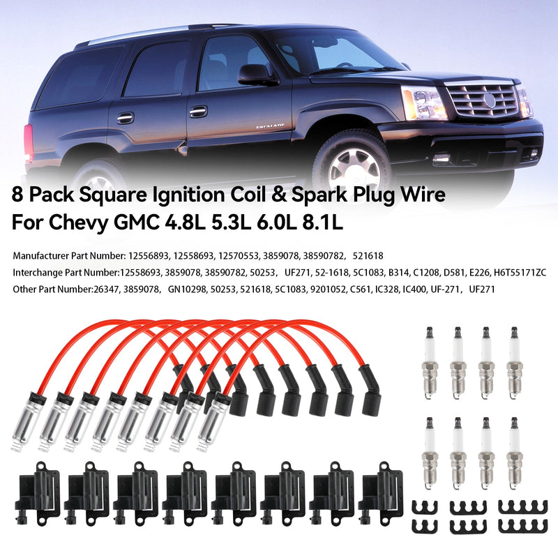 2001-2007 Mercruiser wszystkie modele GMC Sierra 3500 Chevrolet Silverado 3500 8 sztuk kwadratowa cewka zapłonowa i przewody świecy zapłonowej