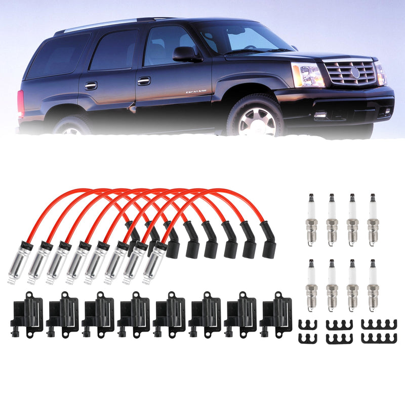 2002-2006 Cadillac Escalade Chevrolet Avalanche 1500 Pacote com 8 bobinas de ignição quadradas e cabos de velas de ignição 12556893 12558693 12570553 3859078 38590782 521618